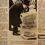"Dr. D.C. Williams and workman Hans Noack look on as Colonel D.B. Weldon trowels wet cement onto the commemorative date stone of the D.B. Weldon Library." (Source: Western News, Vol. 8, No. 22, December 7, 1972.)